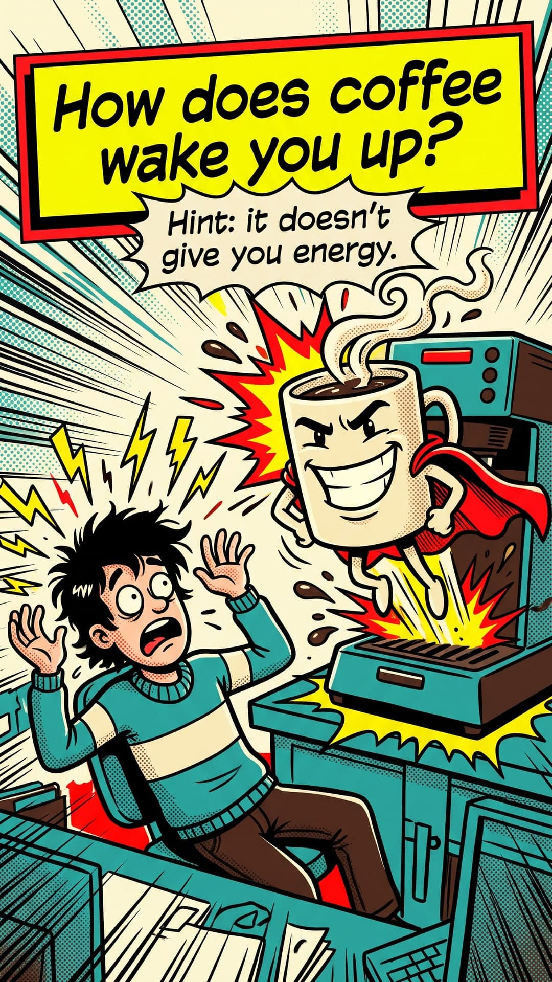 How does coffee wake you up? — slide 1: How does coffee wake you up?. Hint: it doesn't give you energy.