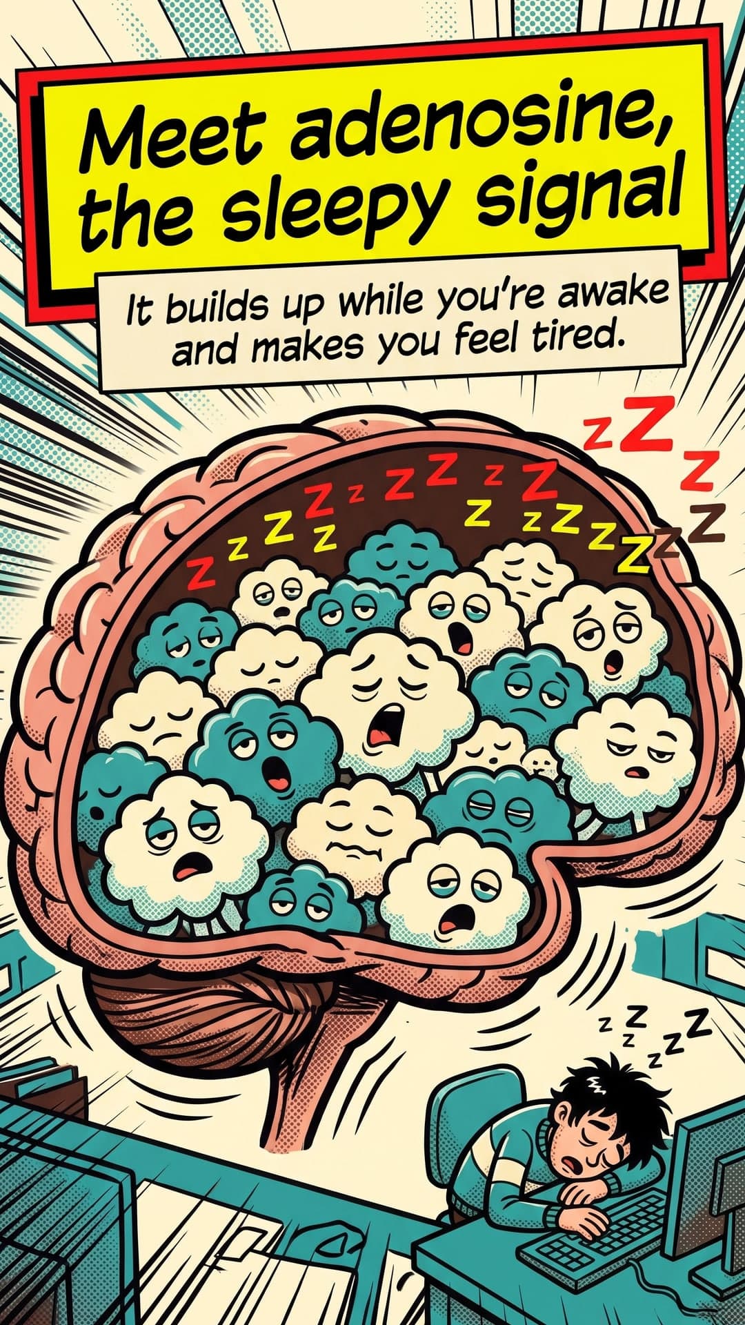 How does coffee wake you up? — slide 2: Meet adenosine, the sleepy signal. It builds up while you're awake and makes you feel tired.