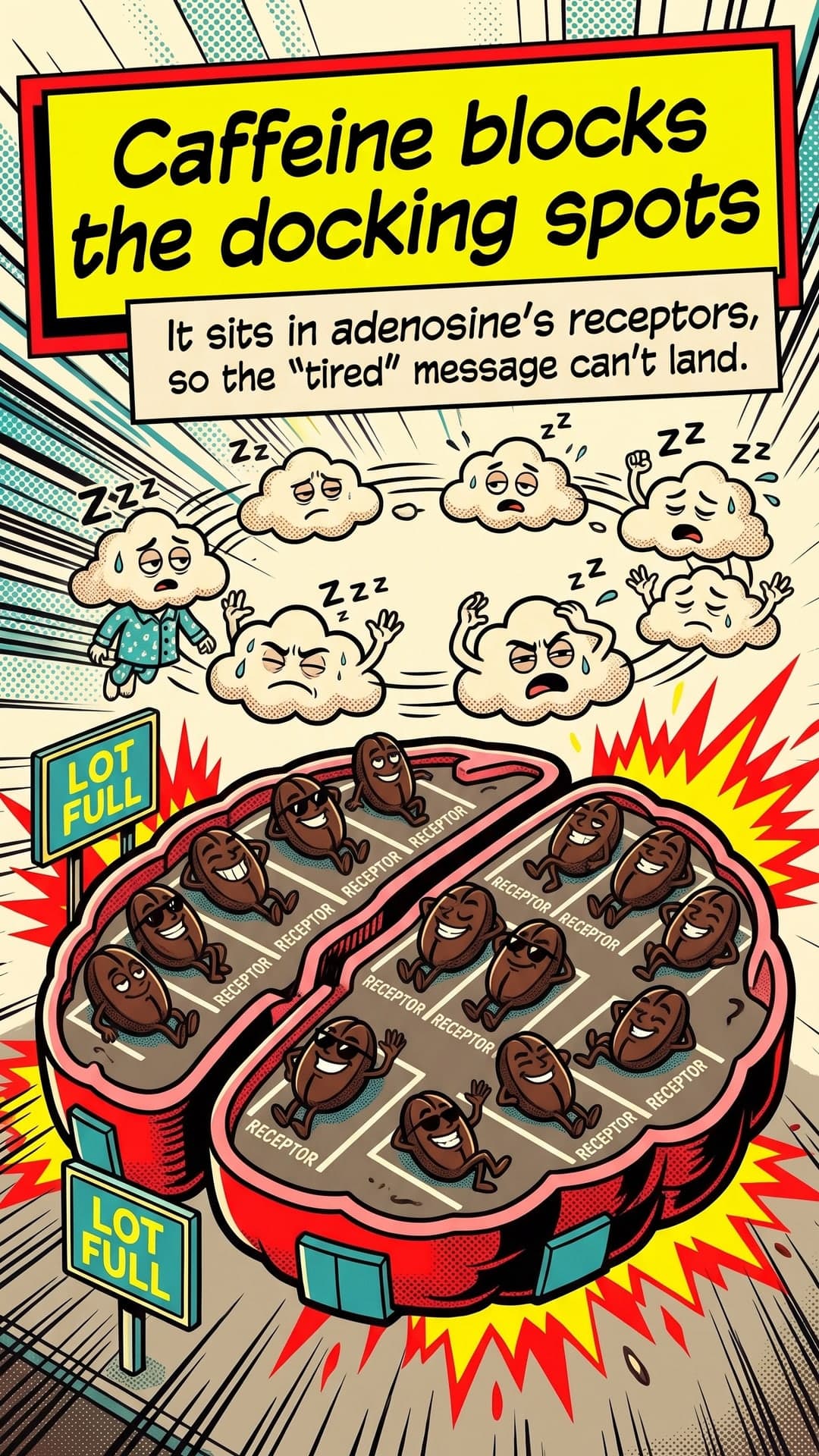How does coffee wake you up? — slide 3: Caffeine blocks the docking spots. It sits in adenosine's receptors, so the 'tired' message can't land.