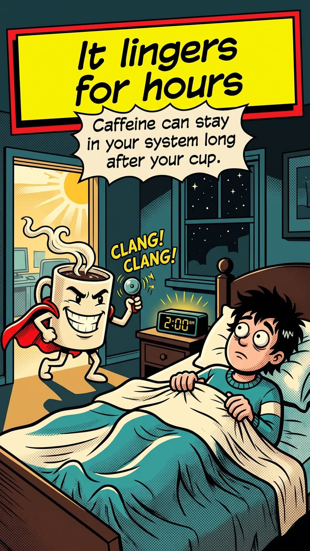 How does coffee wake you up? — slide 4: It lingers for hours. Caffeine can stay in your system long after your cup.