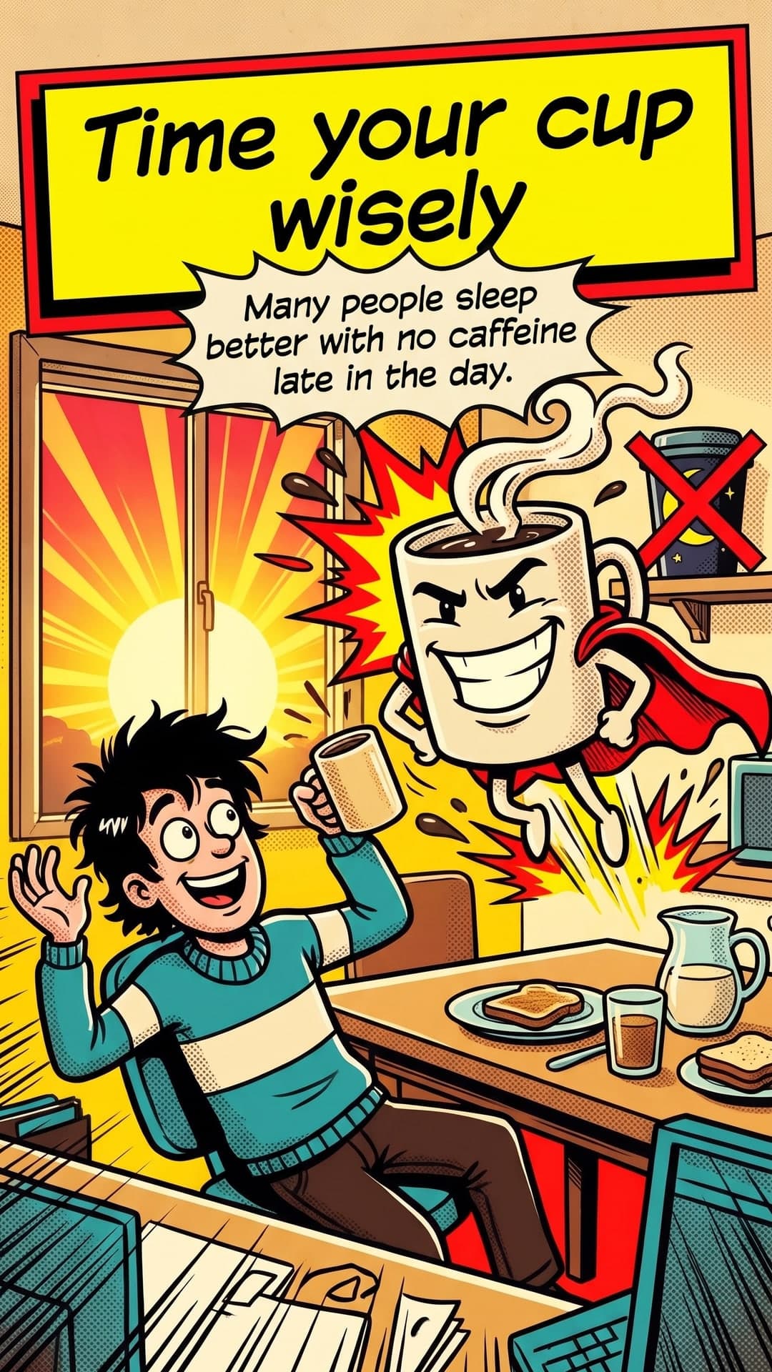 How does coffee wake you up? — slide 5: Time your cup wisely. Many people sleep better with no caffeine late in the day.