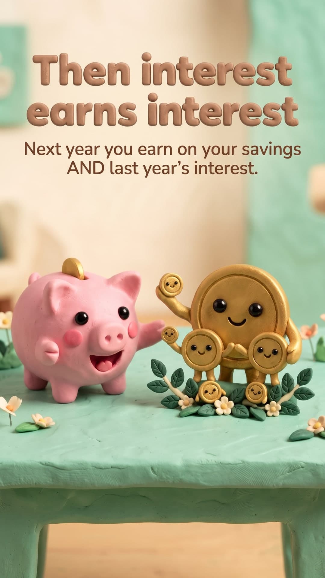 How does compound interest work? — slide 3: Then interest earns interest. Next year you earn on your savings AND last year's interest.