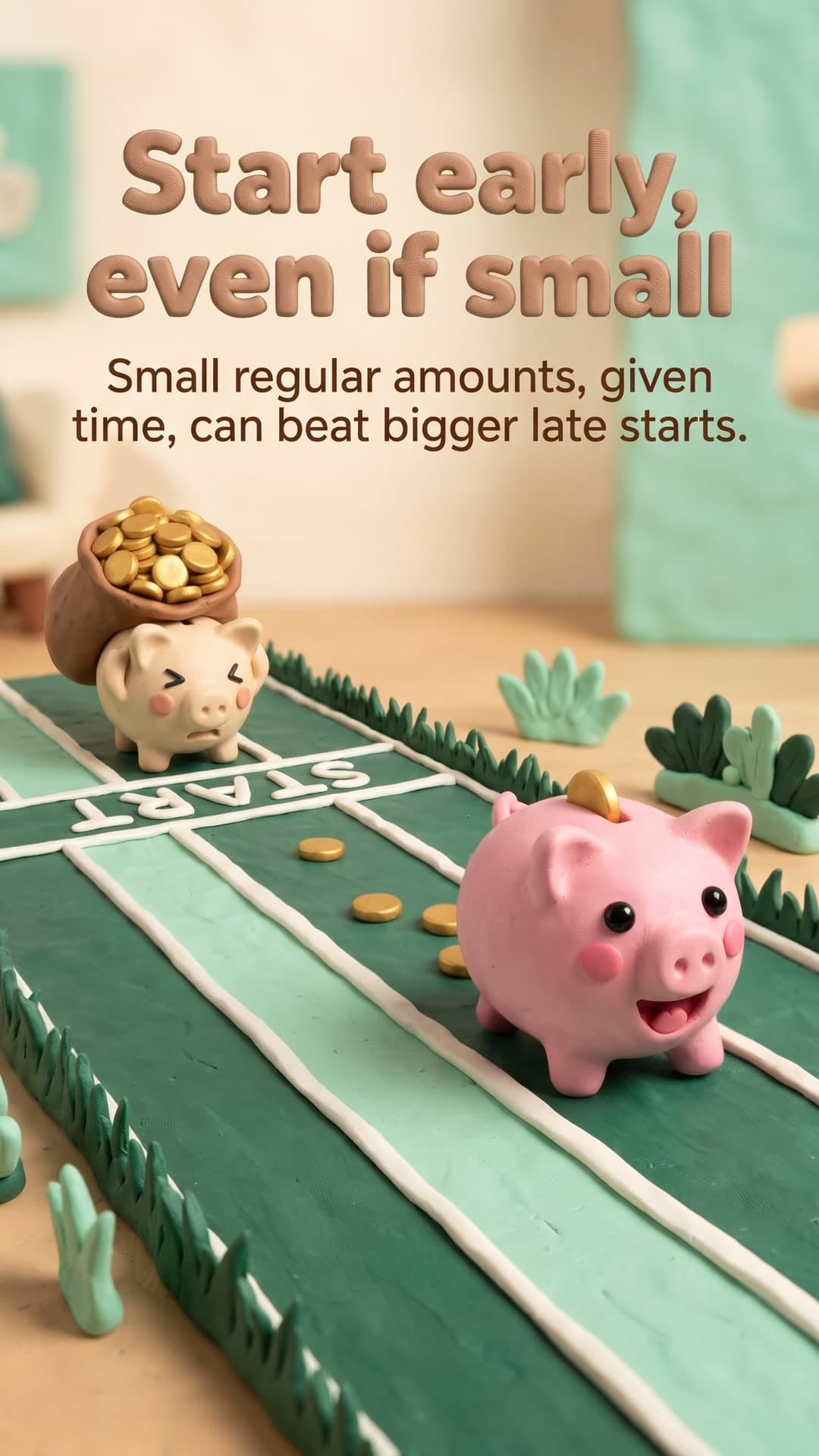 How does compound interest work? — slide 5: Start early, even if small. Small regular amounts, given time, can beat bigger late starts.