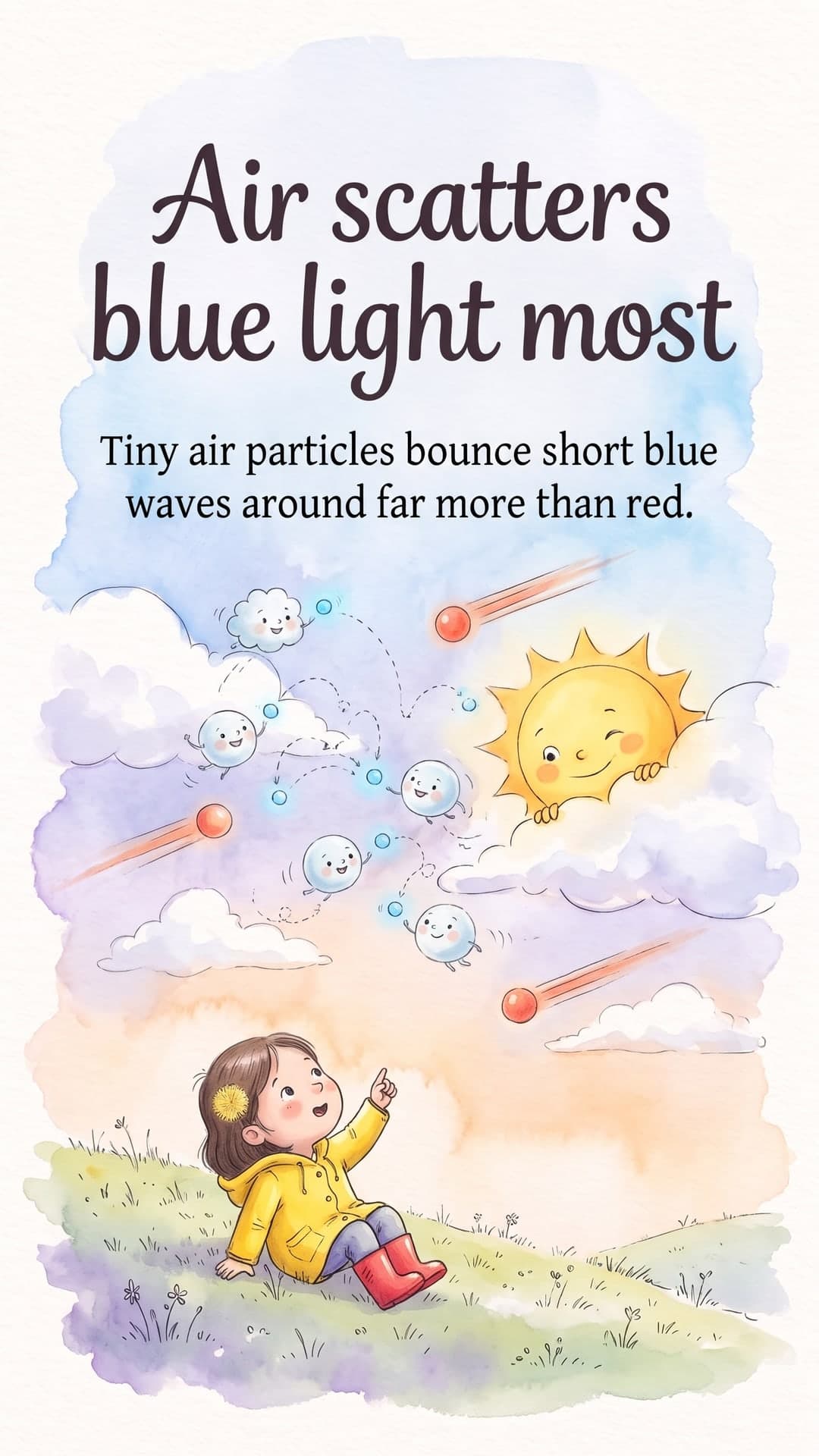 Why is the sky blue? — slide 3: Air scatters blue light most. Tiny air particles bounce short blue waves around far more than red.