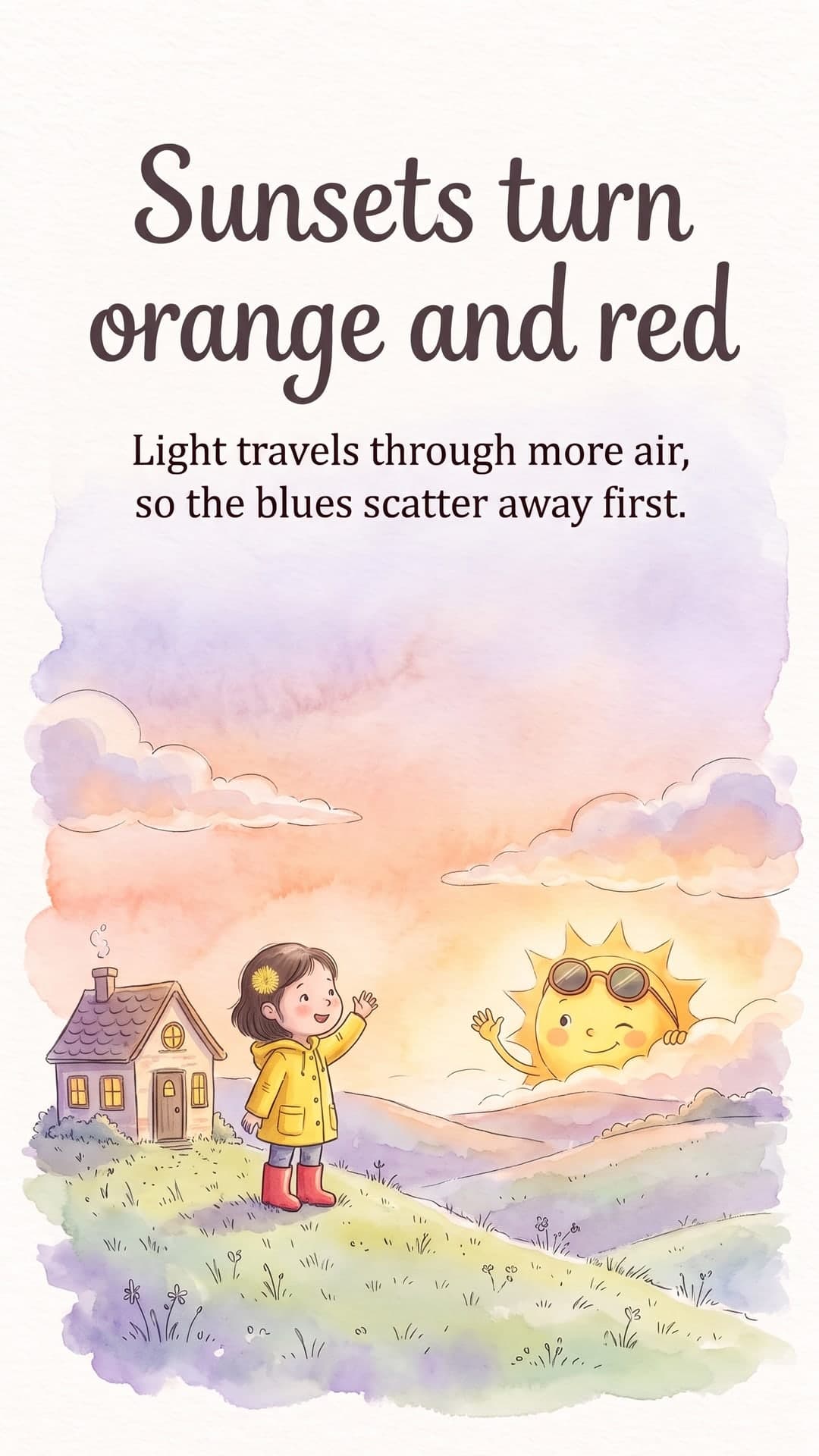 Why is the sky blue? — slide 5: Sunsets turn orange and red. Light travels through more air, so the blues scatter away first.