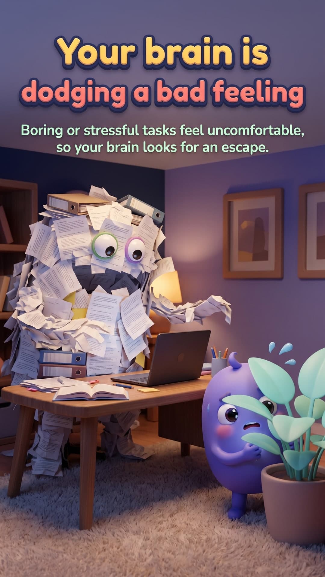 Why do we procrastinate? — slide 2: Your brain is dodging a bad feeling. Boring or stressful tasks feel uncomfortable, so your brain looks for an escape.