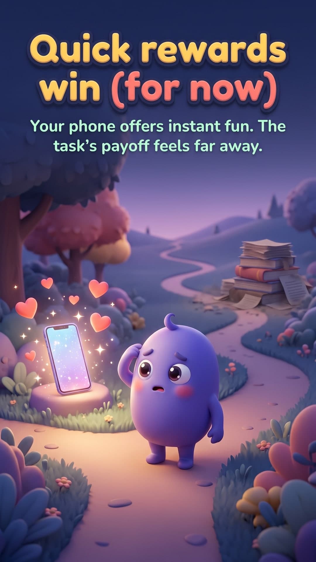Why do we procrastinate? — slide 3: Quick rewards win (for now). Your phone offers instant fun. The task's payoff feels far away.