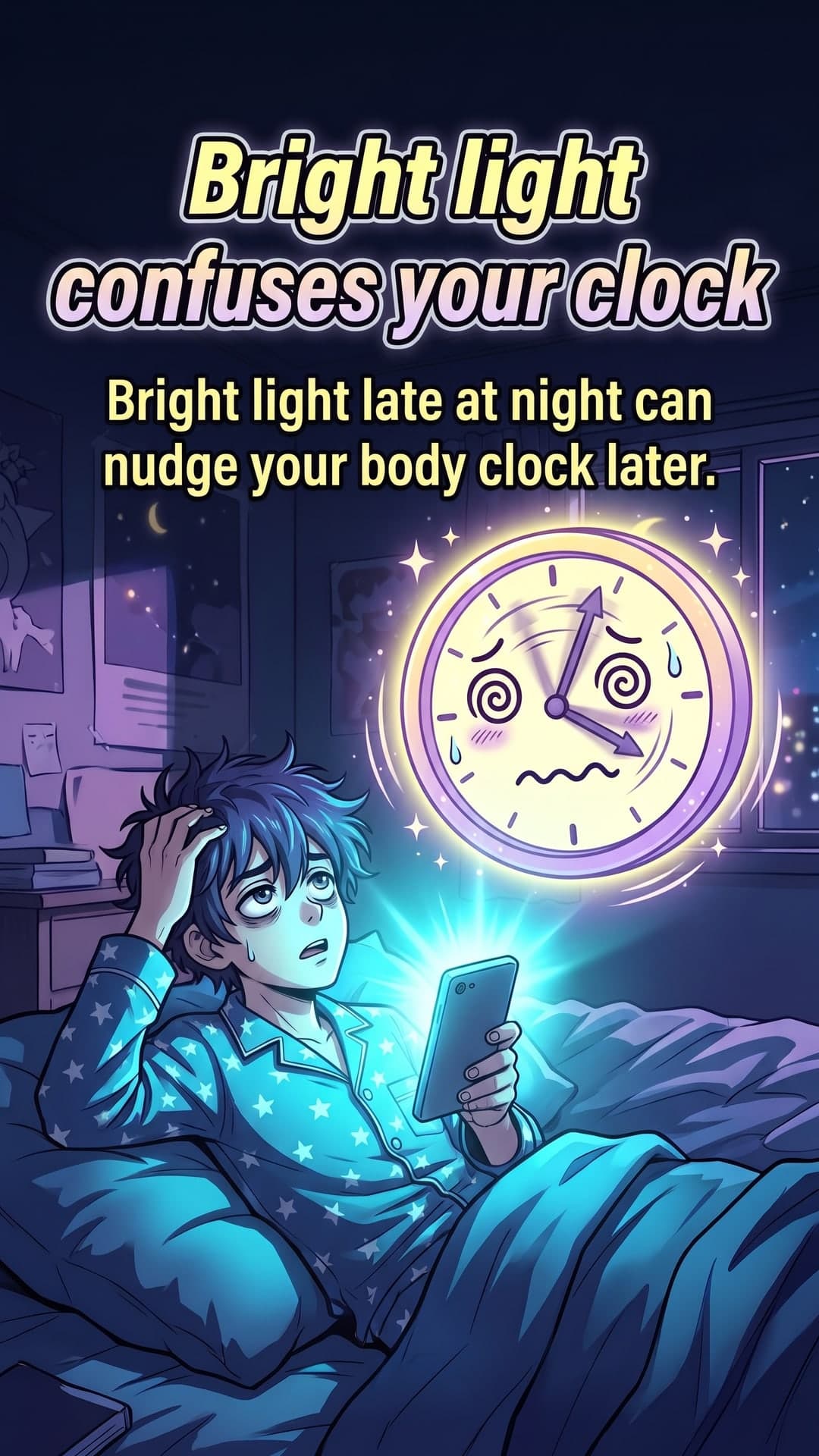 Why can't I sleep after scrolling? — slide 3: Bright light confuses your clock. Bright light late at night can nudge your body clock later.