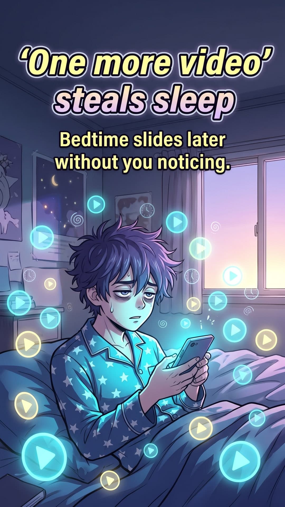 Why can't I sleep after scrolling? — slide 4: 'One more video' steals sleep. Bedtime slides later without you noticing.