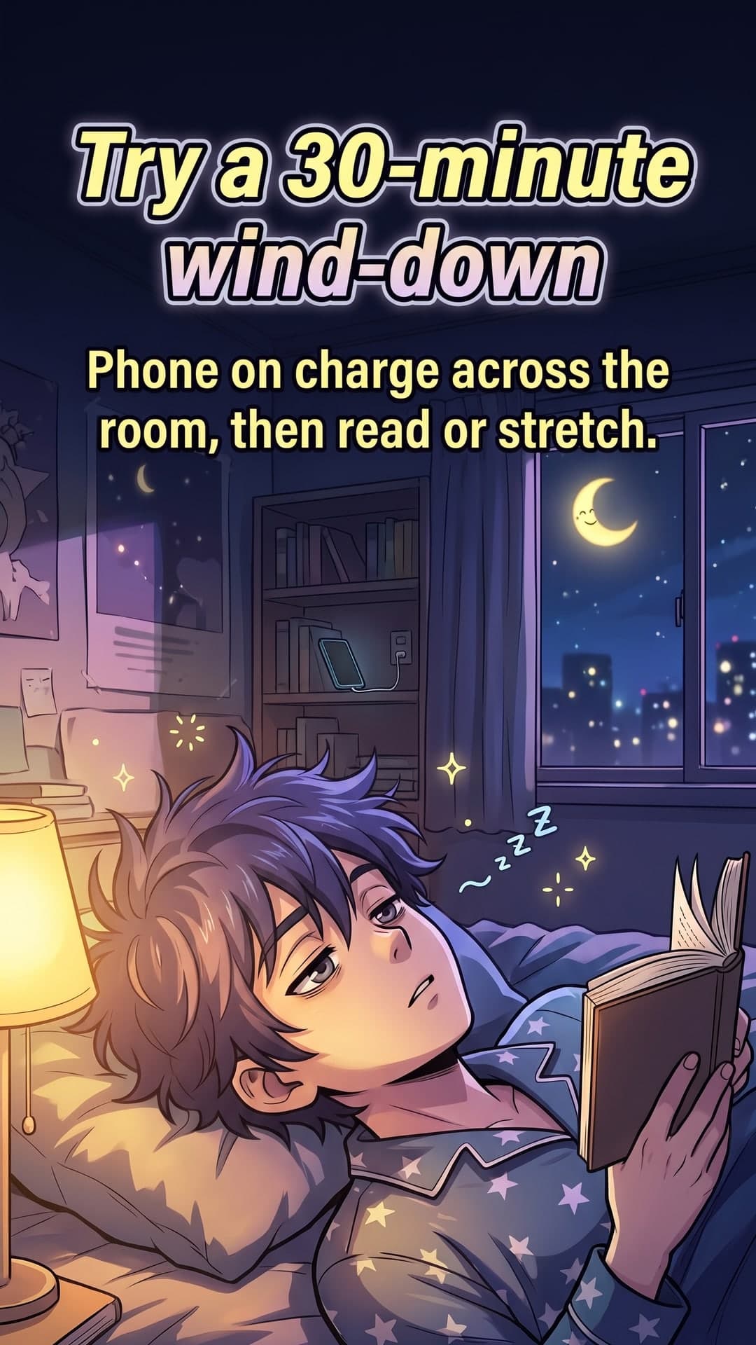 Why can't I sleep after scrolling? — slide 5: Try a 30-minute wind-down. Phone on charge across the room, then read or stretch.
